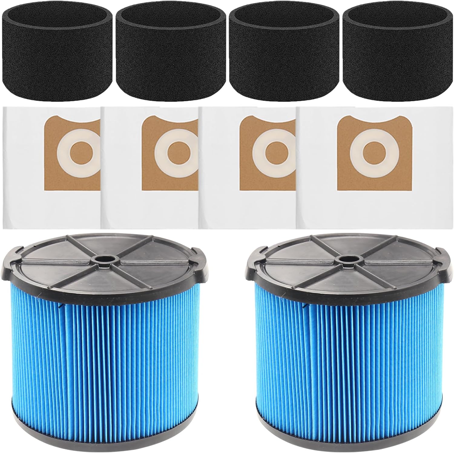 2 Pack VF3500 Replacement Filter for Ridgid Shop Vac 3-4.5 Gallon Wet Dry Vacuums + 4 Pack VF3501 Filter Bags + 4 Pack 26643 Fine Dust Filters for 3/4/4.5 Gallon Wet Dry Portable Vacuums
