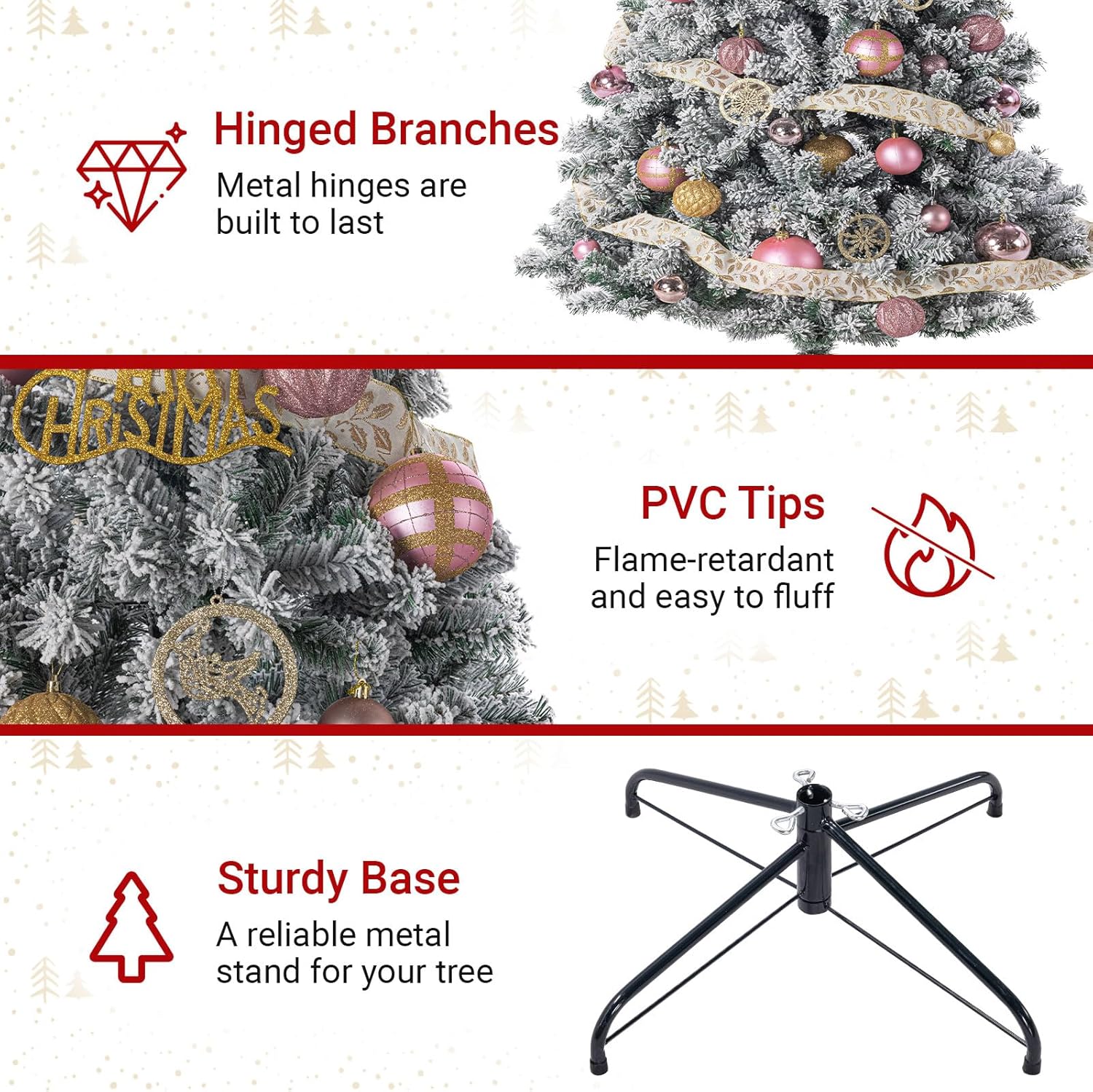 7FT Snow Flocked Christmas Tree, Premium Hinged Artificial Pine Xmas Tree with Metal Stand, 1200 Branch Tips for Lush Holiday Decor, Easy to Assemble & Perfect for Christmas Decoration