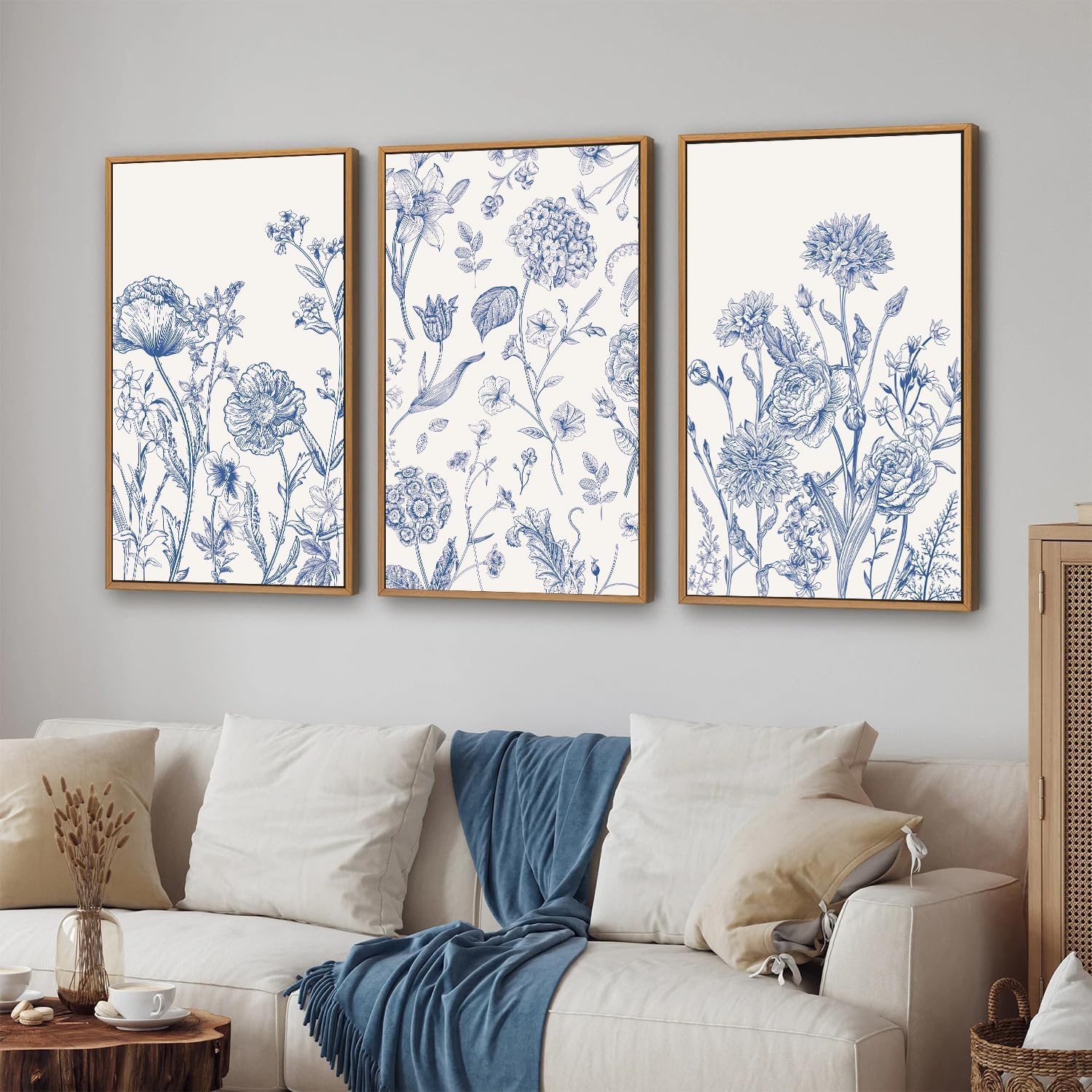 Tinonedraw Large Classic Chinoiserie Flower Framed Canvas Wall Art Set, Navy Blue and White Floral Wall Decor, Minimalist Neutral Botanical Art Printing for Living Room Bedroom Office Dorm 24"x36"x3