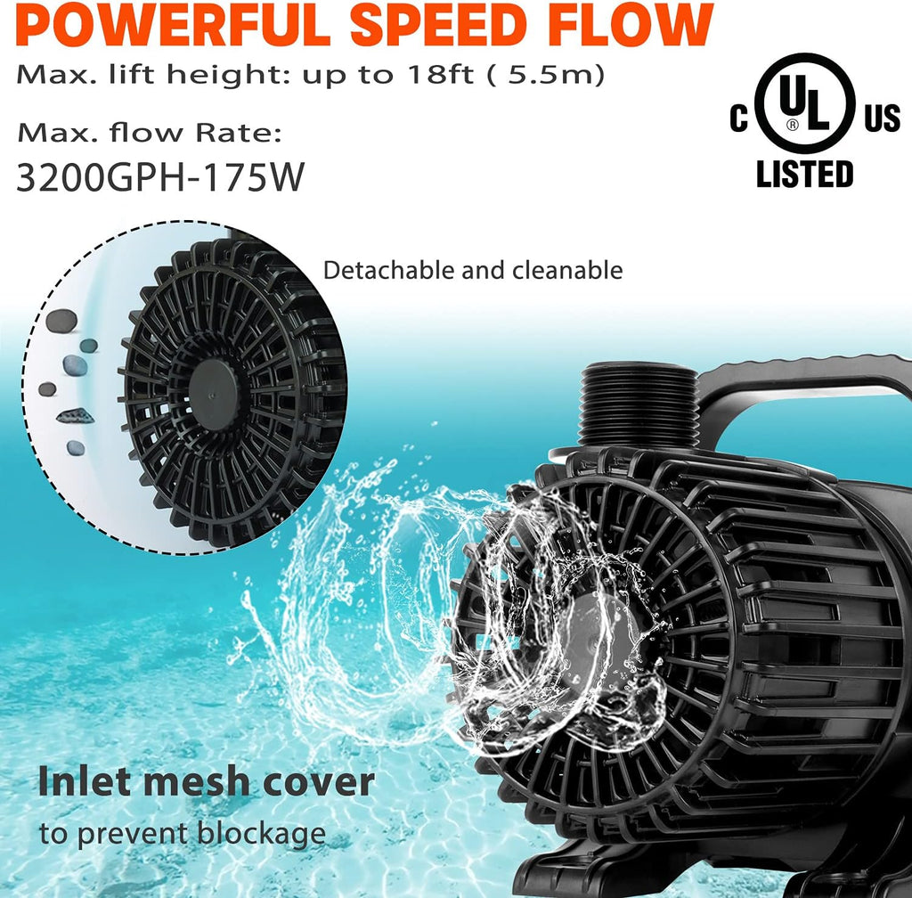 WaterRebirth (3200GPH-175W,UL listed) High Flow Large Fountain Submersible Water Pond Sump Pump Aquarium Electric Waterfall Pump Outdoor PS-3200