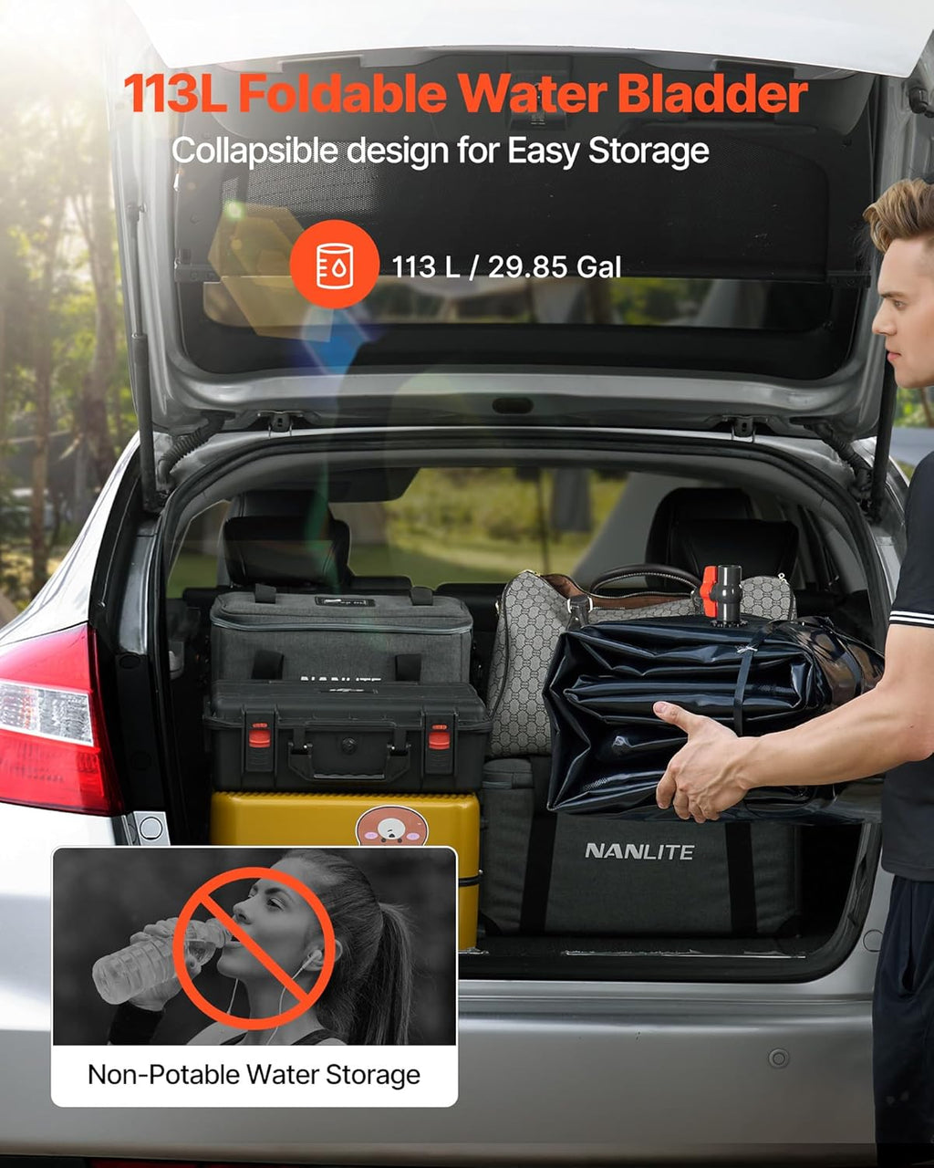 VEVOR Water Storage Bladder, 29.85 Gallon (113L) Water Storage Container Tank, 1000D PVC Thickened Soft Bag Bladder, Collapsible Portable for Garden Irrigation, Camping, RVs, Emergency Use - Black