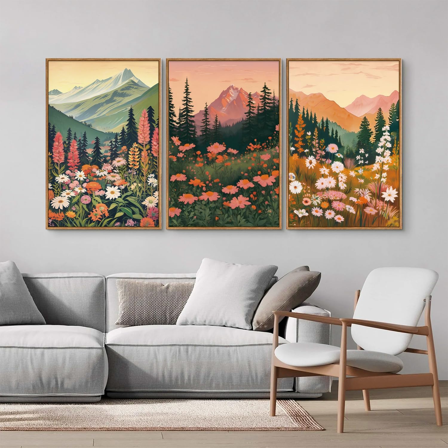 Tinonedraw Large Boho Mountain Framed Canvas Wall Art Set of 3, Colorful Wildflower Daisy Flowers Wall Decor, Bohemian Floral Forest Scenery Artwork, Modern Nature Landscape Art Prints for Bedroom Living Room Office 16"x24"