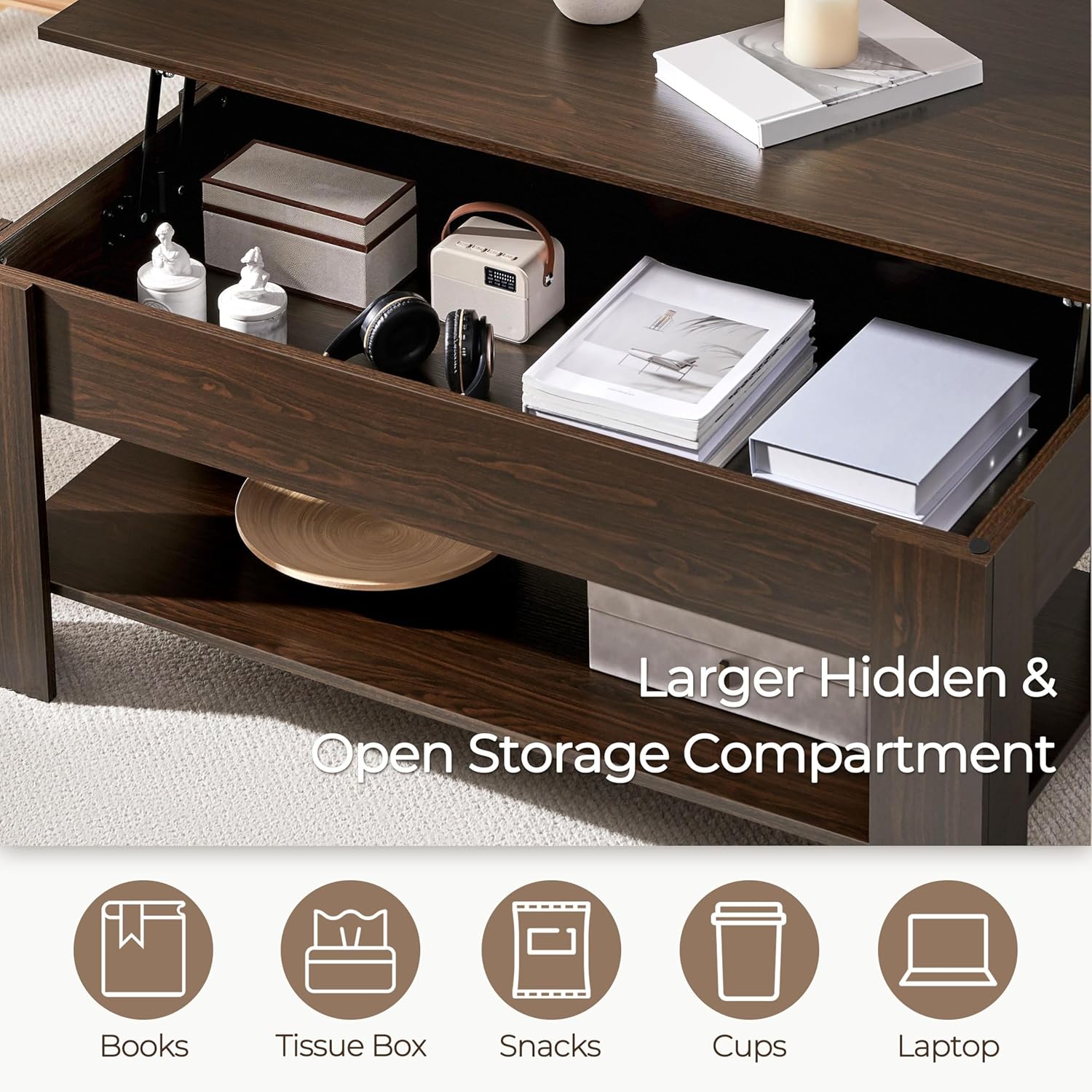 Yaheetech Lift Top Coffee Table with Hidden Compartment and Storage Shelf, Rising Tabletop Dining Table for Living Room Reception Room, 47.5in L, Espresso