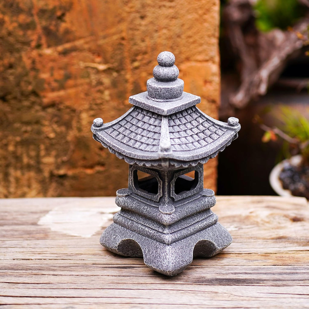Solar Pagoda Lantern Garden Statue Japanese Zen Lantern Outdoor Decor with LED Light for Landscape Balcony Patio Porch Yard Art Ornament