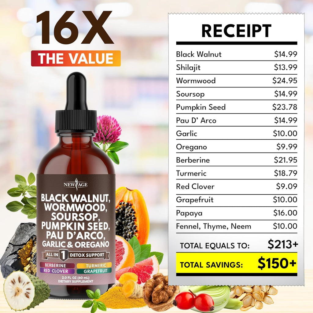 Black Walnut Wormwood Cleanse Drops - Liquid Soursop, Garlic, Pumpkin Seed, PAU D'Arco, Oil of Oregano, Turmeric, Berberine, Neem Extract, Hull Bark, Tincture - 2oz
