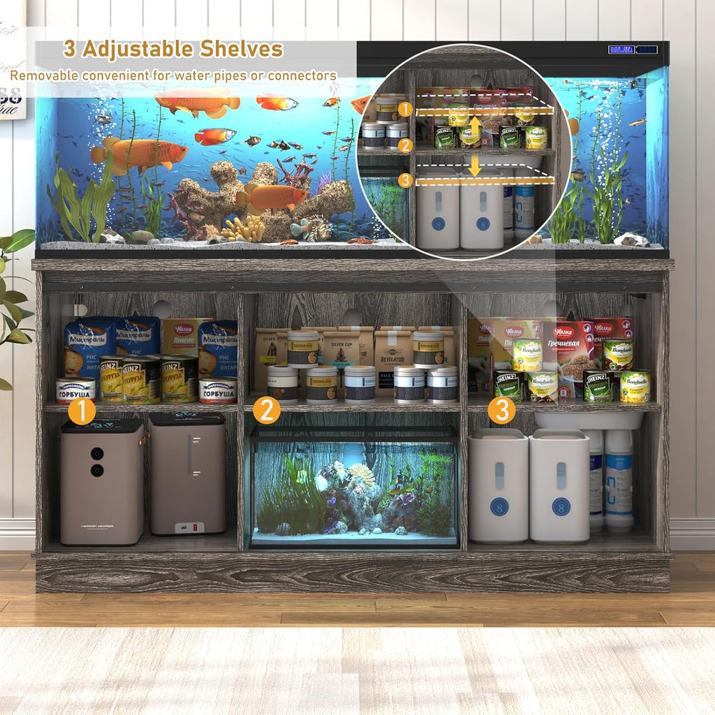 Farmhouse 75-120 Gallon Fish Tank Stand with Power Outlet, Aquarium Stand w/Cabinet&Sliding Barn Door, Heavy Duty Reptile Tank Stand for Fish/Turtle/Reptile Terrarium, 1000LB Capacity, Grey