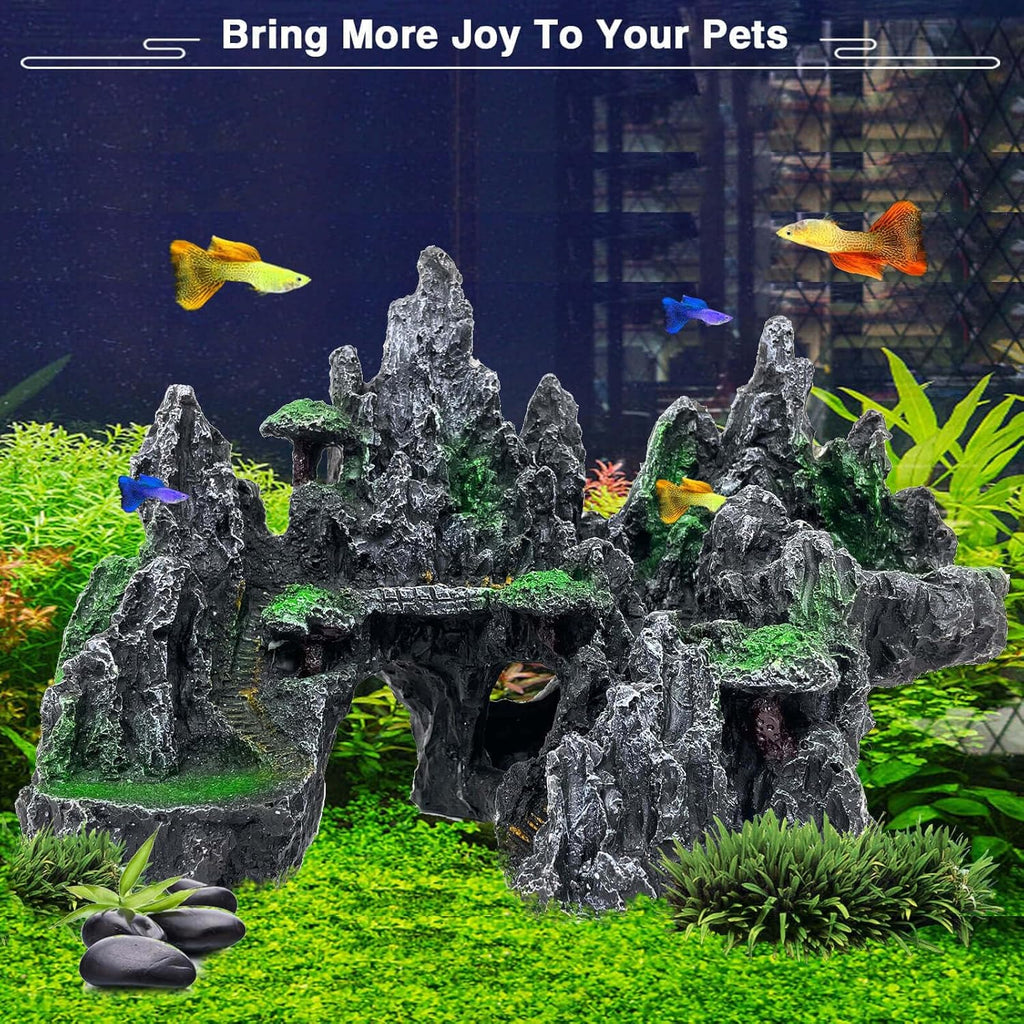 Fish Tank Mountain Decoration,Aquarium Accessories - Aquarium Decor for Betta N Goldfish Hideouts Cave Hide Ornament for 10-50 Gal,Aquarium Mountain Landscape shelter for Hide N Play(10.4" L)