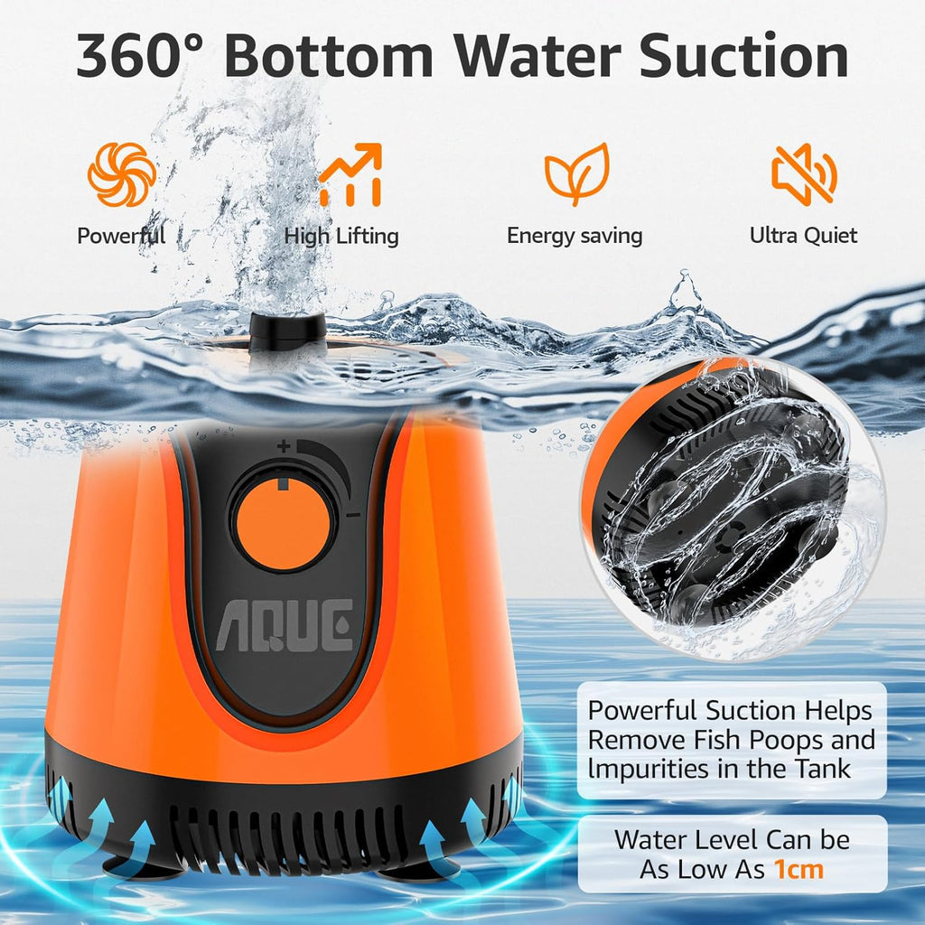 AQUE 360° All-round Water Intake Submersible Pump. It is suitable for fish tanks, ponds, aquariums and hydroponic systems. It comes with a 6-foot power cord and 3 nozzles(20W)