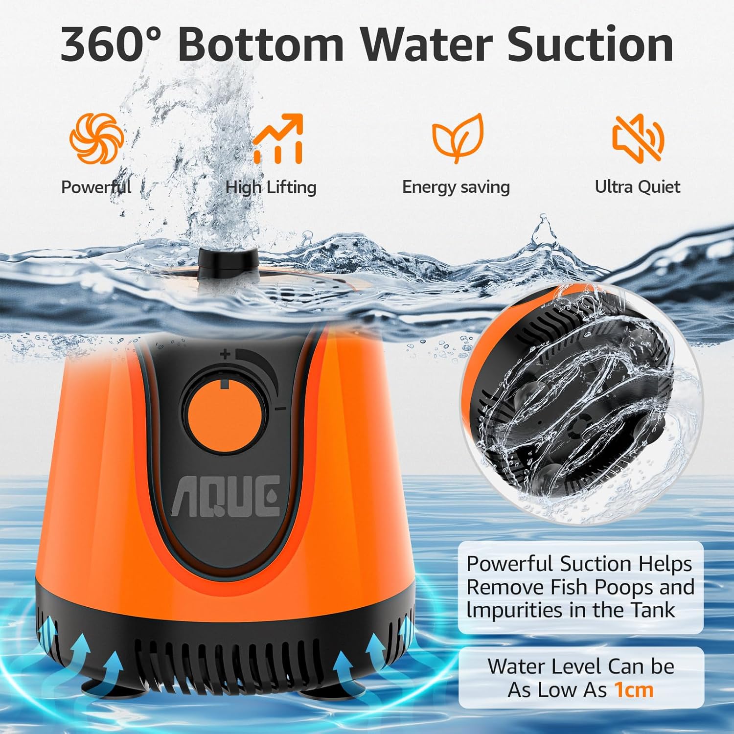 AQUE 360° All-round Water Intake Submersible Pump. It is suitable for fish tanks, ponds, aquariums and hydroponic systems. It comes with a 6-foot power cord and 3 nozzles(20W)