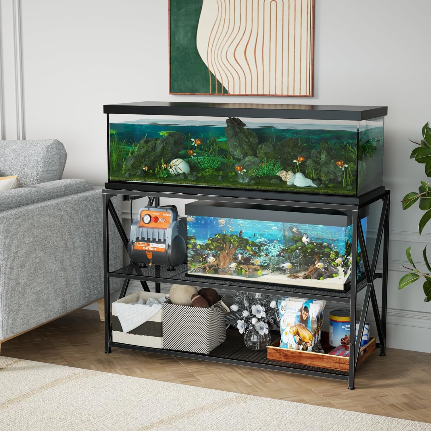 55-75 Gallon Fish Tank Stand, 49.2 x 19.7X 31.5 Inch,Industrial Aquarium Stand with Power Outlet and Switch, Turtle Tank, Reptile Terrariums and Breeder Tank Stand, Black