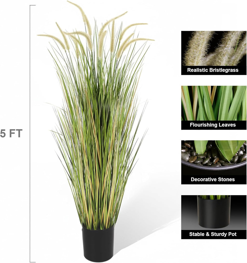 KOL Artificial 5ft 2-Pack Horsetail Reed Grass, 59in Tall Artificial Indoor Outdoor Fake Grass Plant, Home Office Decorative Artificial Plants in Pot Faux Plant Greenery, Wedding Decor
