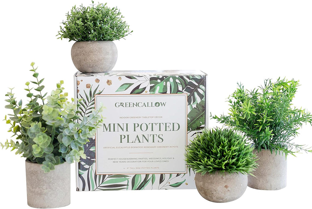Artificial Plants for Home Decor Indoor. 4 Mini Plants, Rosemary Faux Plant Decor, Eucalyptus Plant, Grass Plants. Small Fake Shelf or Desk Greenery Décor
