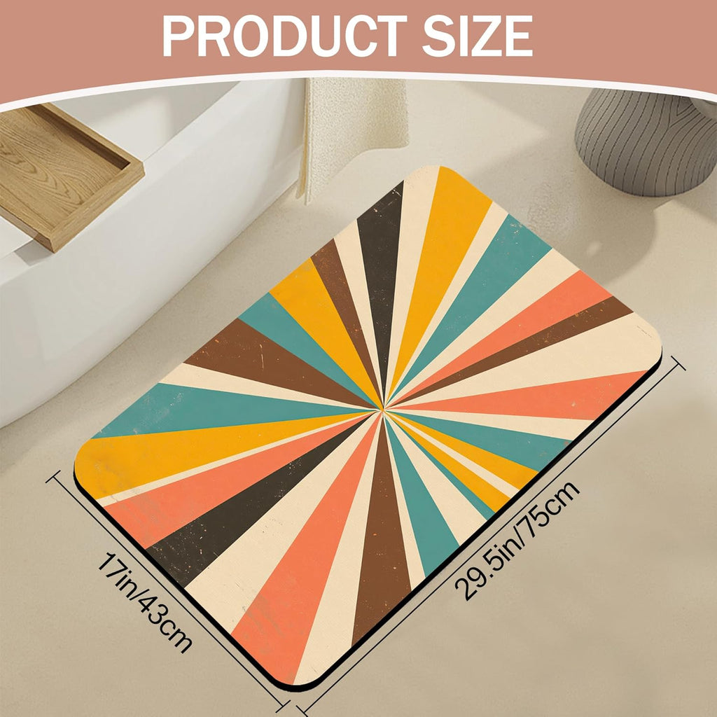Diatomaceous Earth Bath Mat,Retro Vintage Bath Rugs,Radial Rays Non-Slip Thin Absorbent Fast Drying Easy to Clean for Bathroom Laundry Home Kitchen Door Mat 17x29.5Inch