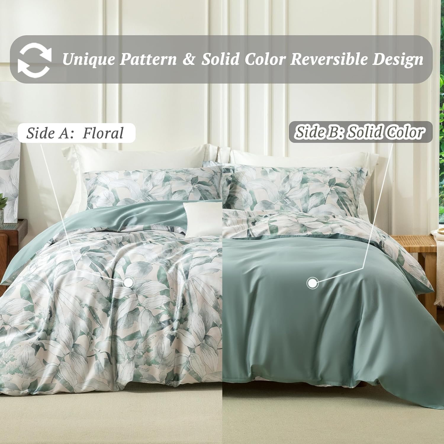 MILDLY Queen Size Duvet Cover Set 100% Long-Staple Cotton Luxury Sage Green Leaves Patten Reversible Comforter Cover Set 3Pcs