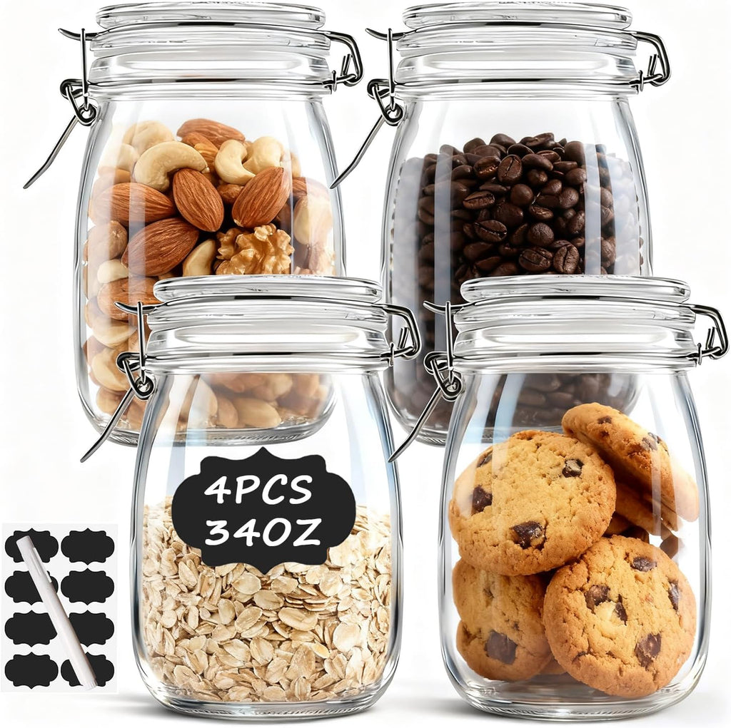 4PCS Glass Jars with Airtight Lid, 34 OZ Mason Jars Wide Mouth, Glass Pickling Jars for Canning & Fermenting, Mason Storage Container for Coffee, Flour, Sugar, Pasta