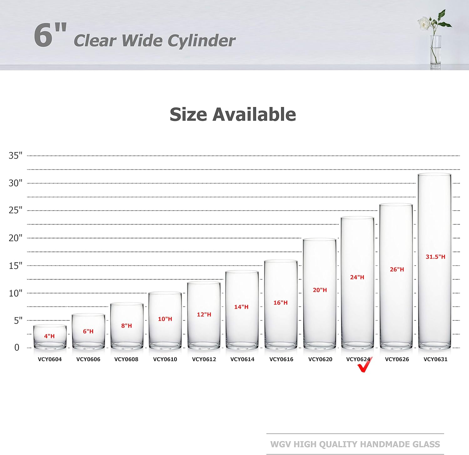 WGV Cylinder Vase Bulk, Width 6", Height 24", Clear Tall Glass Container Terrarium Candle Holder for Wedding Centerpiece, Party Event, Home Office Decor, 6 Pieces