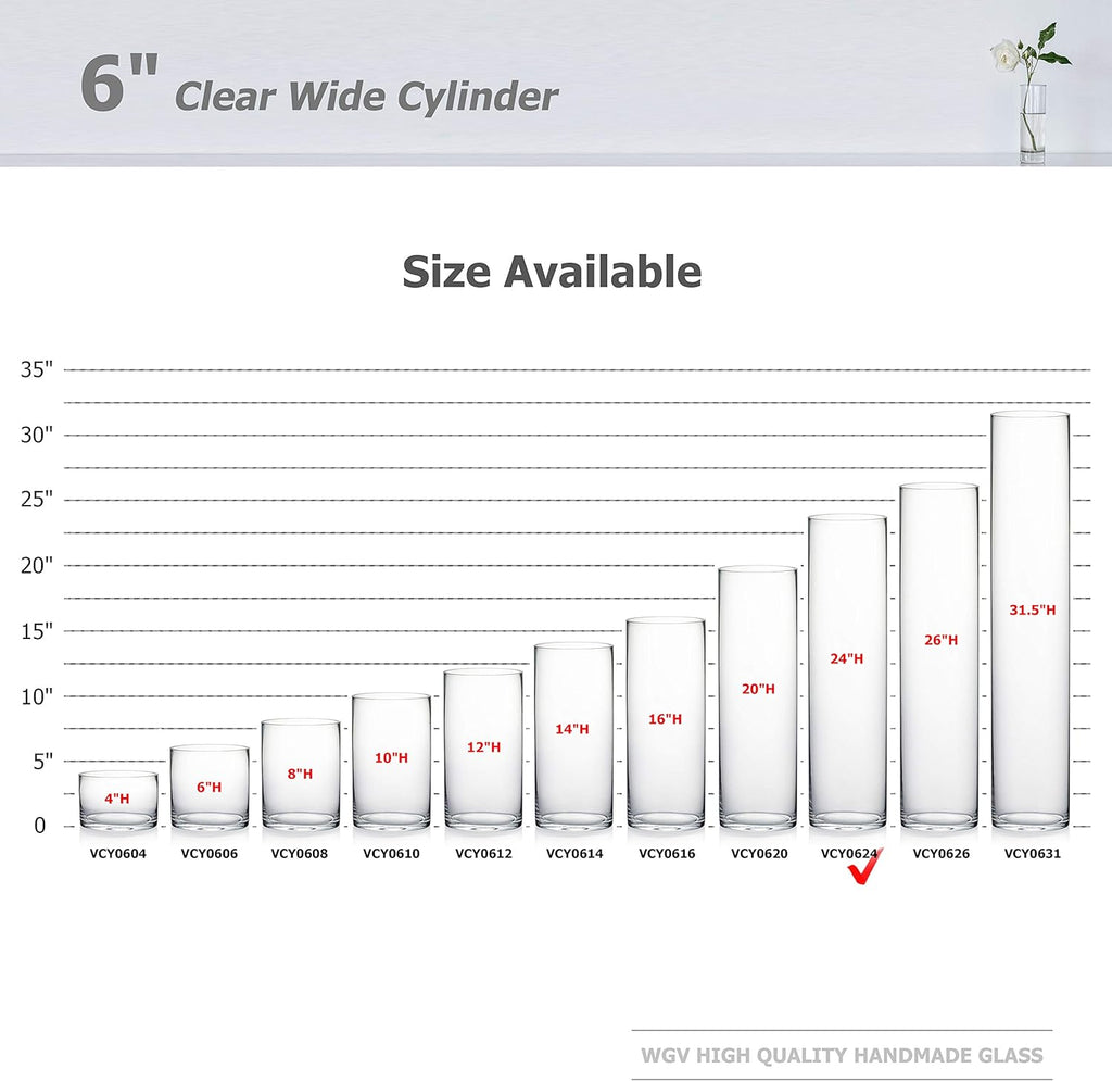 WGV Cylinder Vase, Width 6", Height 24", Clear Tall Glass Container Terrarium Candle Holder for Wedding Centerpiece, Party Event, Home Office Decor, 1 Piece