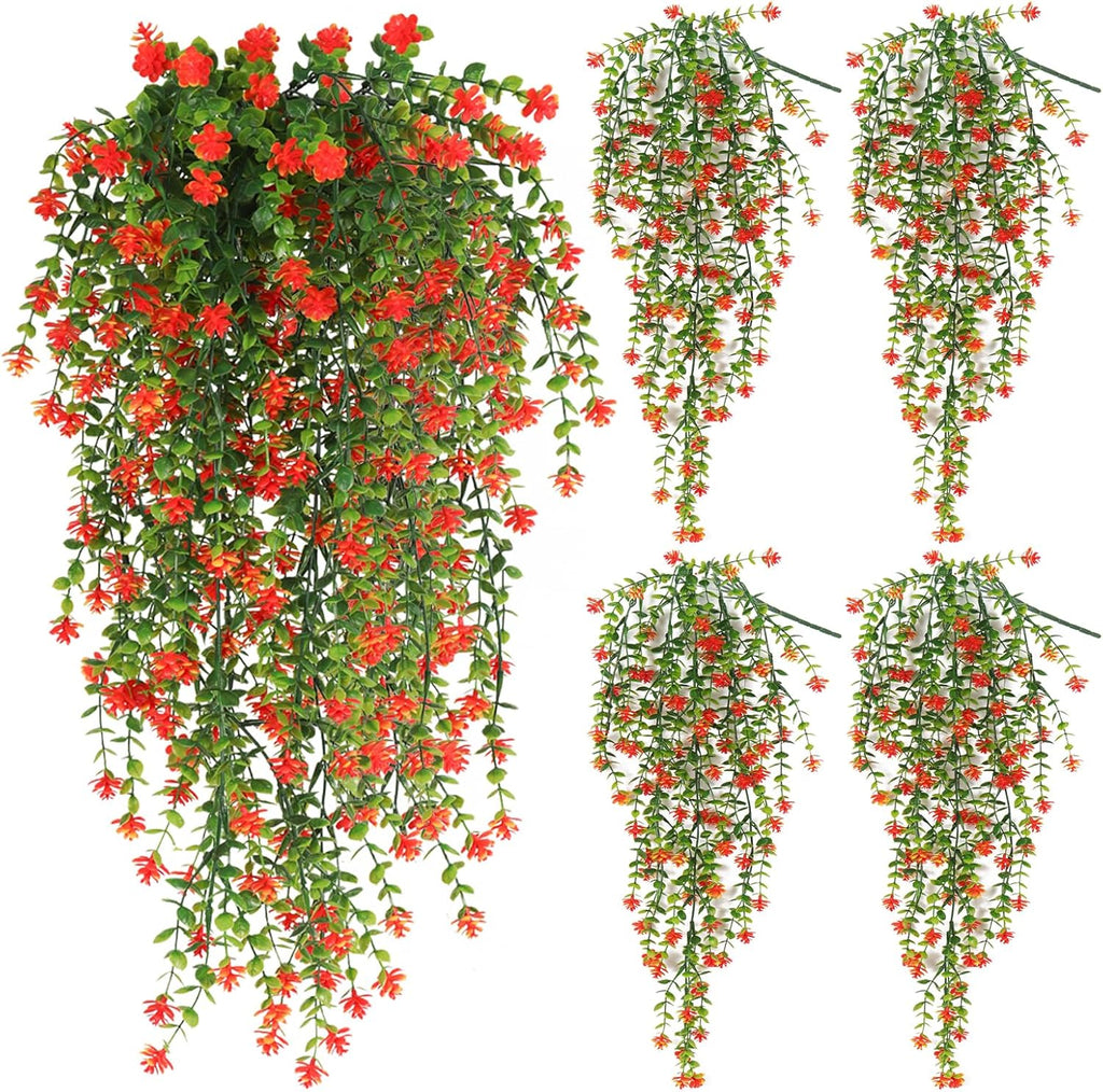 SJL Fall Artificial Hanging Plant Fall Faux Eucalyptus Leaf Fake Hanging Vines UV Resistant Fake Mums for Outdoors Faux Autumn Plants for Home Indoor Outdoor Thanksgiving Decor (Orange)