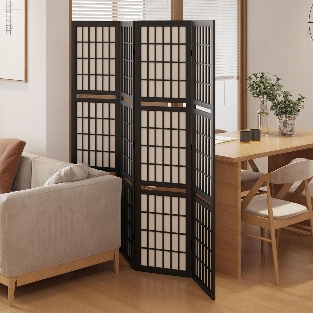 Room Divider with Shelves, 66.9-Inch Tall Japanese Shoji Style Wood Screen with Double Hinges for Home Office Bedroom Hotel Decoration (4 Panels, Black)
