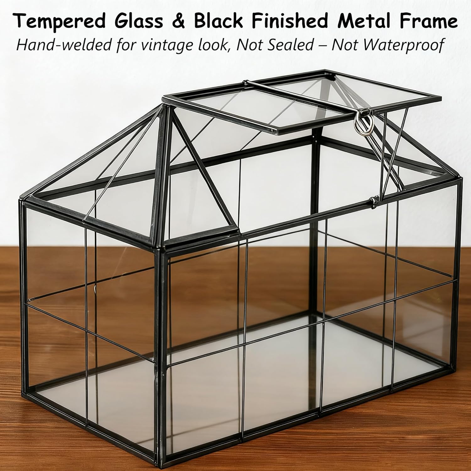 HighFree Geometric Terrarium Planter with Swing Lid, House Shape Black Handmade Glass Box, Vintage Tabletop Miniature Terrarium, for Succulent, Cacti, Air Plants (Not Watertight - 9.2x5.5x7.3 inch)
