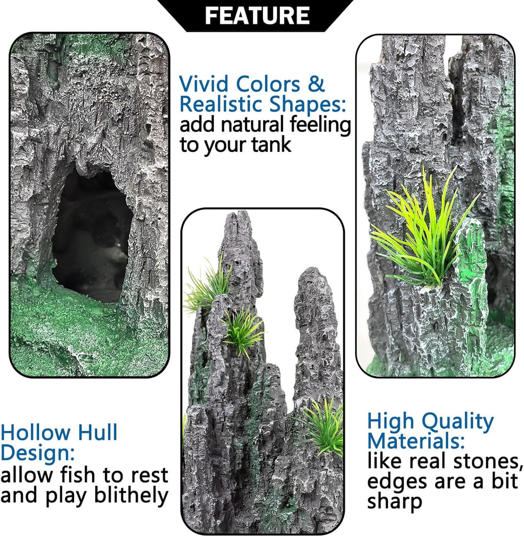 Aquarium Decoration Large and Tall for Fish Tank Rock Thematic Ornaments Aquarium Mountain View Stone Ornaments Aquarium Decor Tree House Cave Fish Tank Decoration - Large