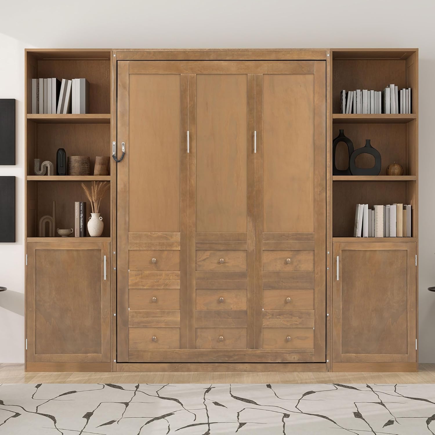 MERITLINE Queen Farmhouse Murphy Bed with Storage Bookcase Shelves and Cabinets, Solid Wood Foldable Hidden Vertical Murphy Wall Bed with Storage for Adults