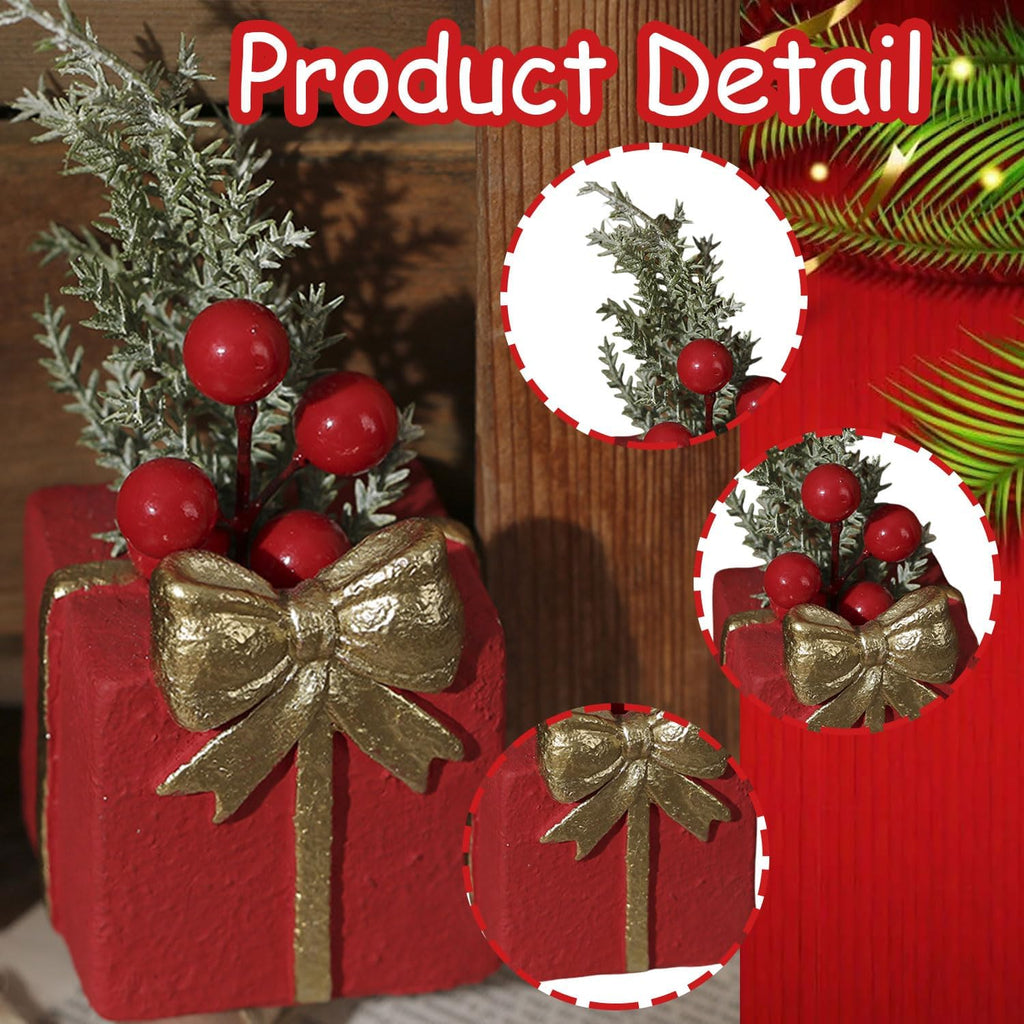 Mini Christmas Tree Tabletop Decorations, Artificial Xmas Tree Decor for Tables Red Berry ＆ Pine Branch with Snowman Base Christmas Table Decor for Winter Party Home Indoor Fireplace Mantel Decoration