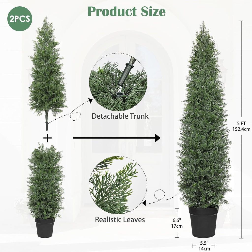 Briful Set of 2 Artificial Cedar Trees – 5FT Tall Faux Cypress Plants in Pots with Detachable Trunks, Realistic Green Leaves, UV Resistant Outdoor/Indoor Topiary Trees for Front Porch Patio Home Decor