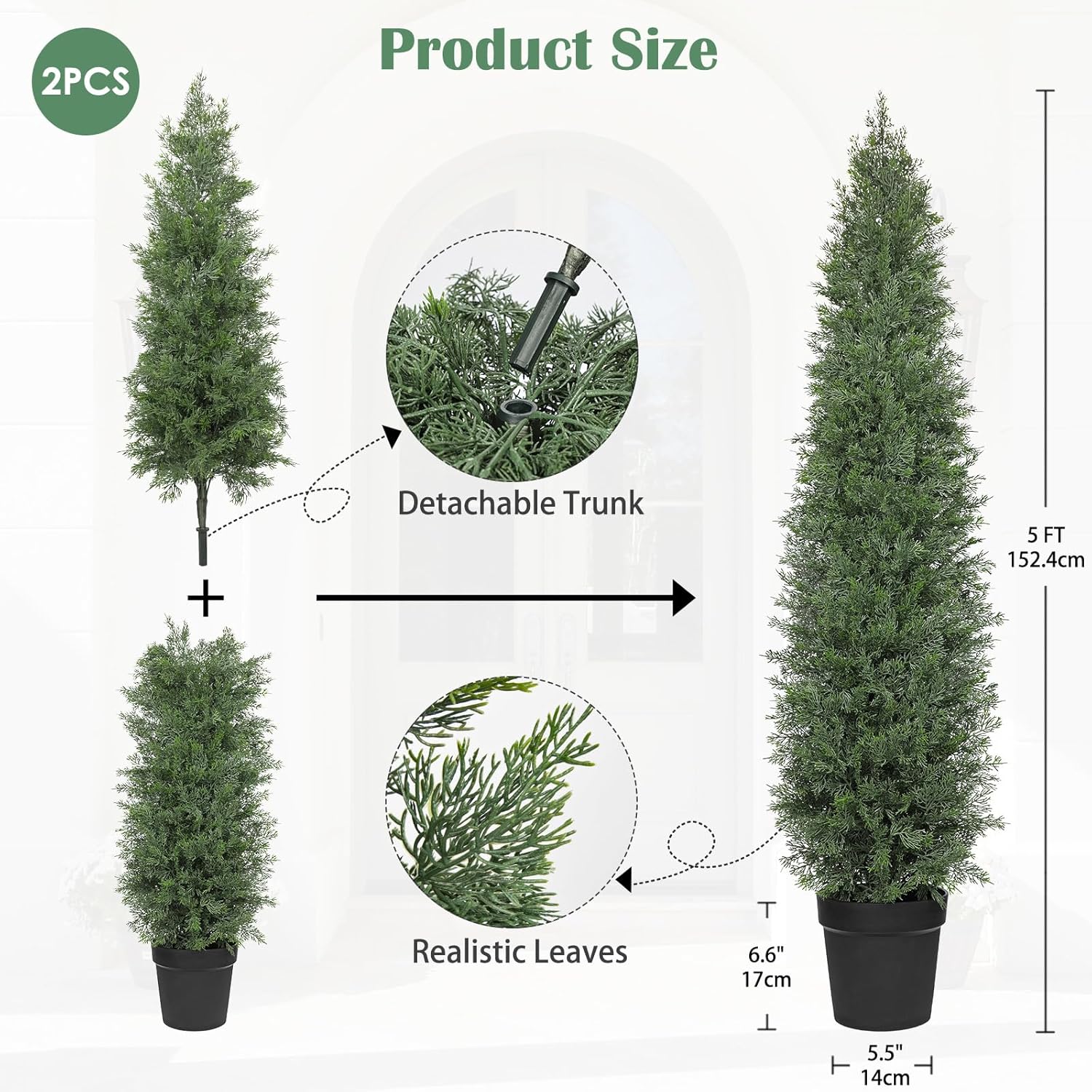 Briful Set of 2 Artificial Cedar Trees – 5FT Tall Faux Cypress Plants in Pots with Detachable Trunks, Realistic Green Leaves, UV Resistant Outdoor/Indoor Topiary Trees for Front Porch Patio Home Decor