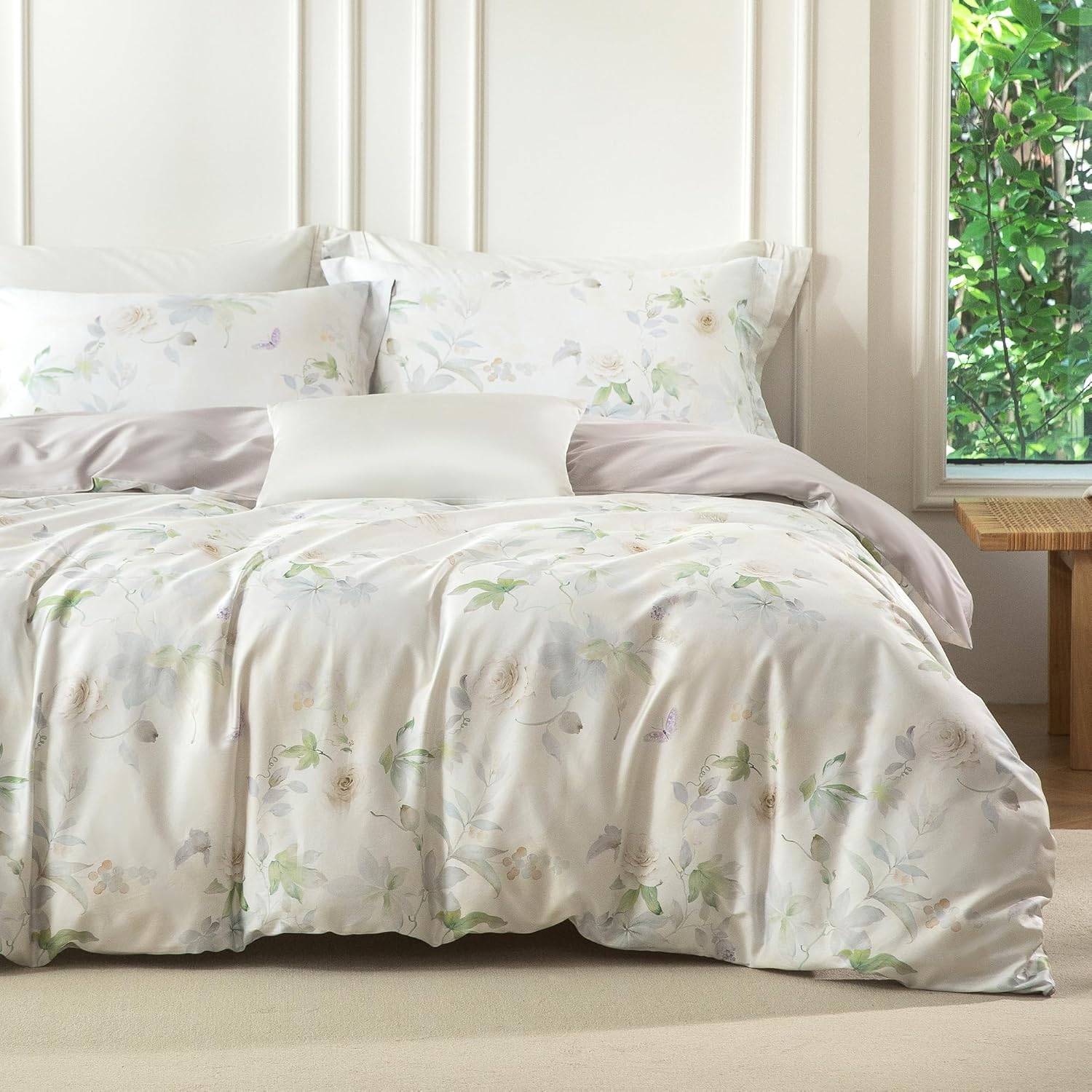 MILDLY Queen Size Duvet Cover Set 100% Long-Staple Cotton Luxury White Floral Patten Reversible Comforter Cover Set 3Pcs