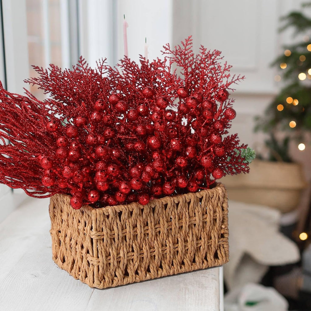 75 Pcs Christmas Glitter Branches 3 Styles Artificial Christmas Picks Berries Stems Pine Needles Floral Twig Spray for Xmas Tree Ornaments DIY Wreath Garland(Red)