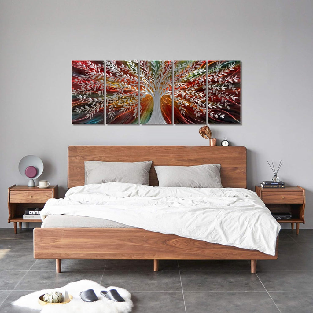 BATRENDY ARTS Silver Willow Metal Tree Wall Art for Livingroom Modern Abstract Colorful Artwork Brown and Red Landscape Home Decor Multi-panels 3D