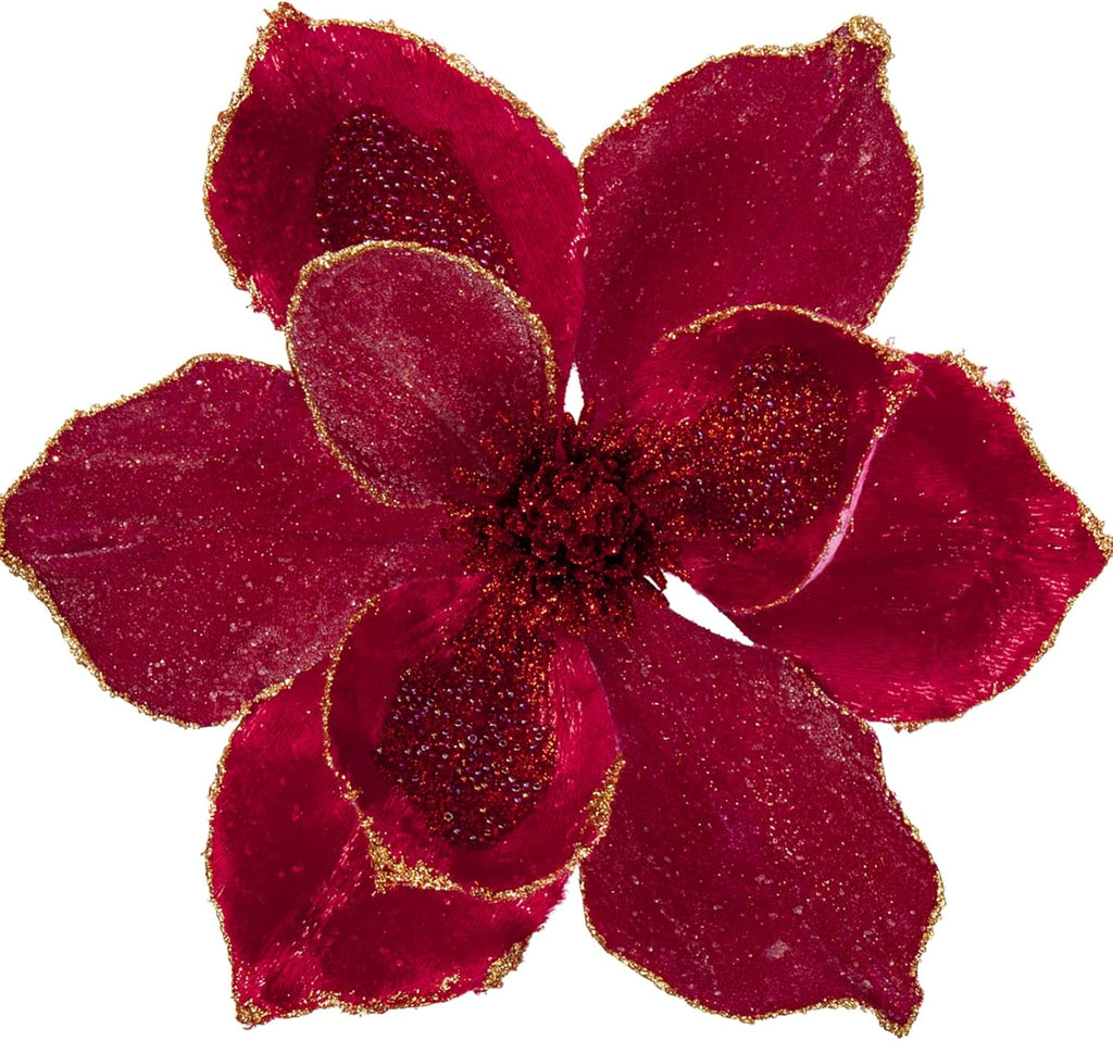Briful 10’’ Large Heads Christmas Glitter Magnolia Flowers Christmas Tree Ornaments Set of 3 Giant Artificial Flowers with Long Stems for Xmas Tree Holiday Decorations, Red