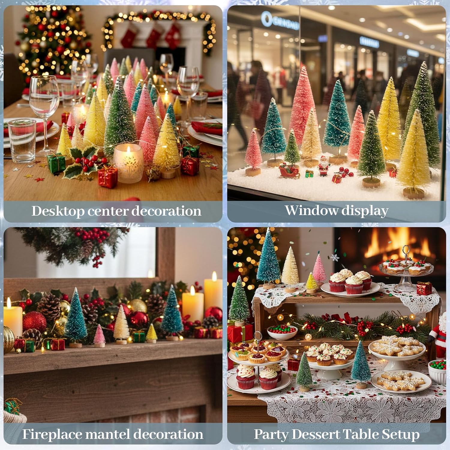 LOVEINUSA 40PCS Colorful Mini Christmas Trees, Snow Frosted Sisal Trees Colored Bottle Brush Xmas Trees with Wooden Base for Xmas Winter Home Table Decoration