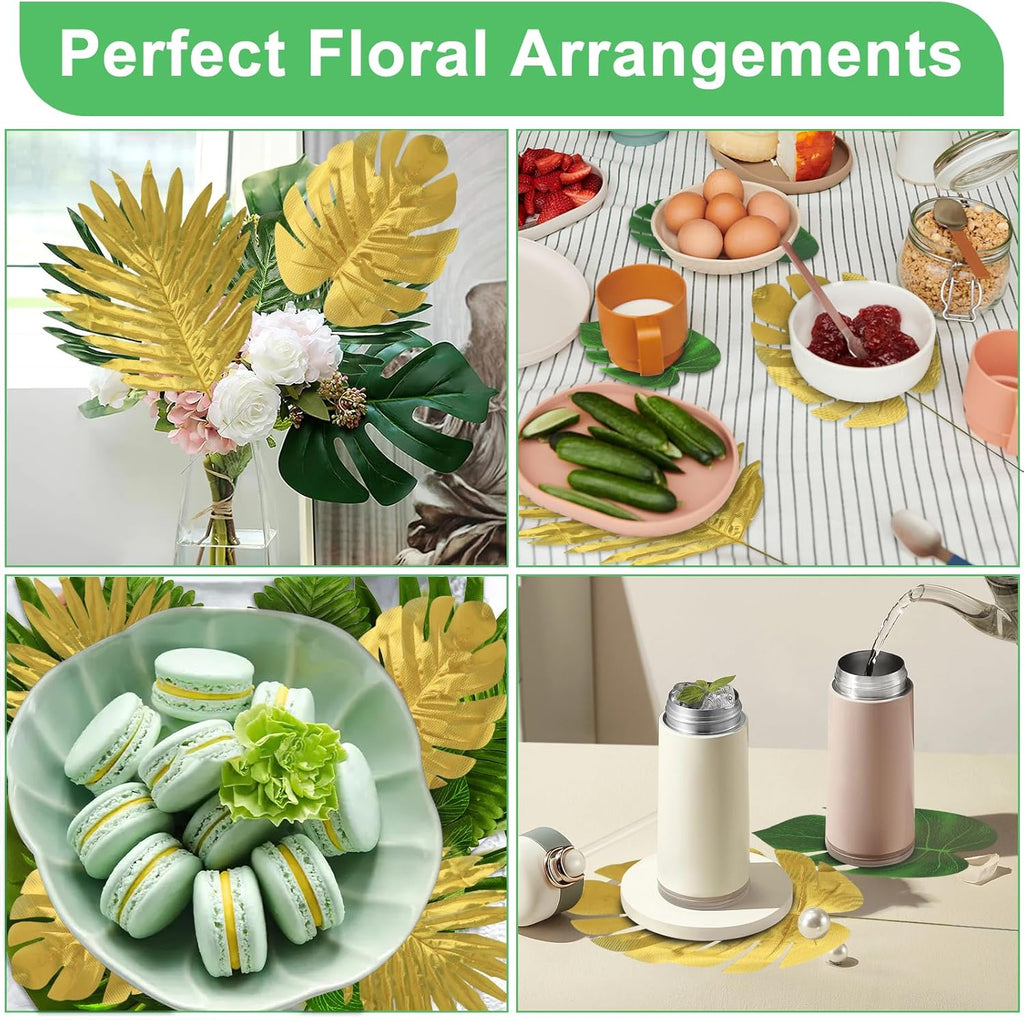 84 Pieces 10 Kinds Artificial Tropical Palm Leaves Safari Jungle Leaves with Stems Golden Leaf Decorations for Hawaiian Luau Party Beach Baby Shower Birthday Theme Table Wedding Decorations