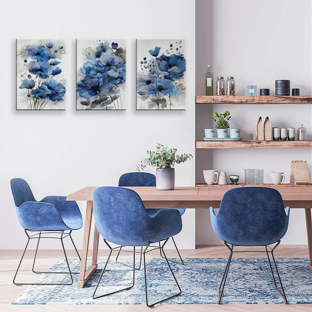Blue Flowers Canvas Wall Art for Bedroom Home Decor - Artwork for Wall, Abstract Floral Wall Decor Print -Bathroom, Living Room, Kitchen Decor - Ready to Hang 3 Patchwork, 12x16inchx3pcs