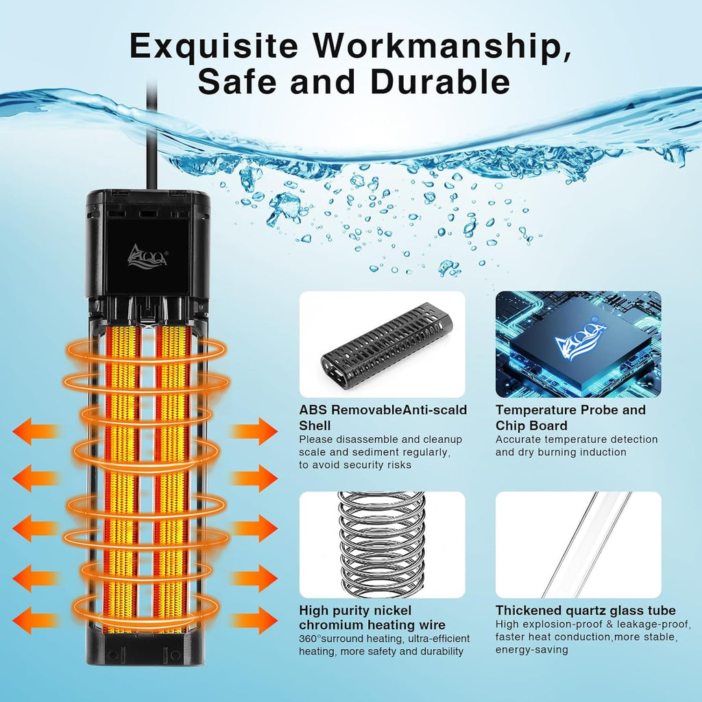 AQQA Aquarium Heater,300W 500W 800W 1000W 1200W Fish Tank Heater,59℉-93℉ Submersible Intelligence Aquarium Heater with Over-Temperature Dry Burning Protection 1000W to 135-235 Gallon