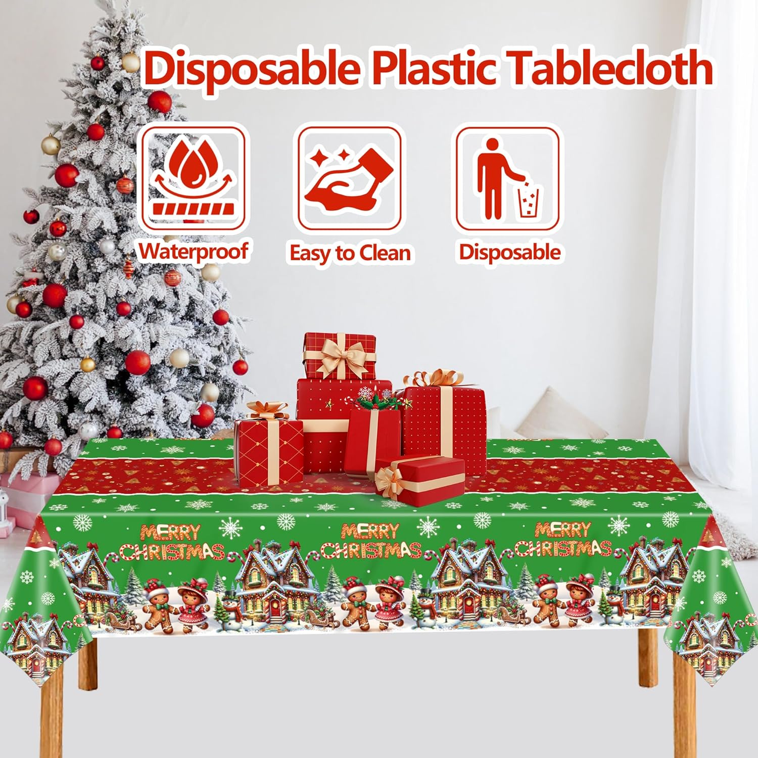 Christmas Gingerbread Tablecloths Plastic Christmas Tree Snowman Table Cover Winter Snowflake Birthday Party Supplies for Xmas Holiday Party Decorations 2 Pack 54 x 108 Inch