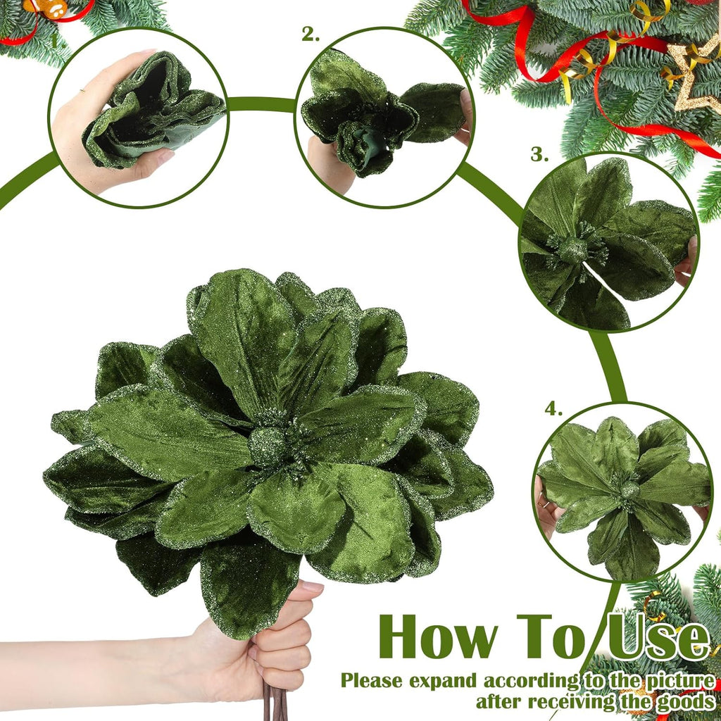 8 Pcs Large Christmas Flower Magnolia Flowers Christmas Tree Decoration Artificial Poinsettia Stems Velvet Xmas Ornaments for Xmas Tree Table Decor (Forest Green,12 Inch)