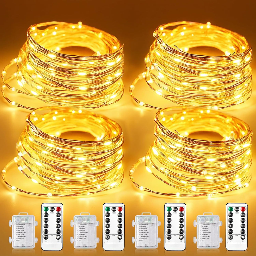 Fairy Lights Battery Operated, 33Ft 100 LED Twinkle Lights with Remote and Timer, 8 Modes Waterproof Lighting for DIY Bedroom Wedding Table Centerpieces Christmas 4 Pack
