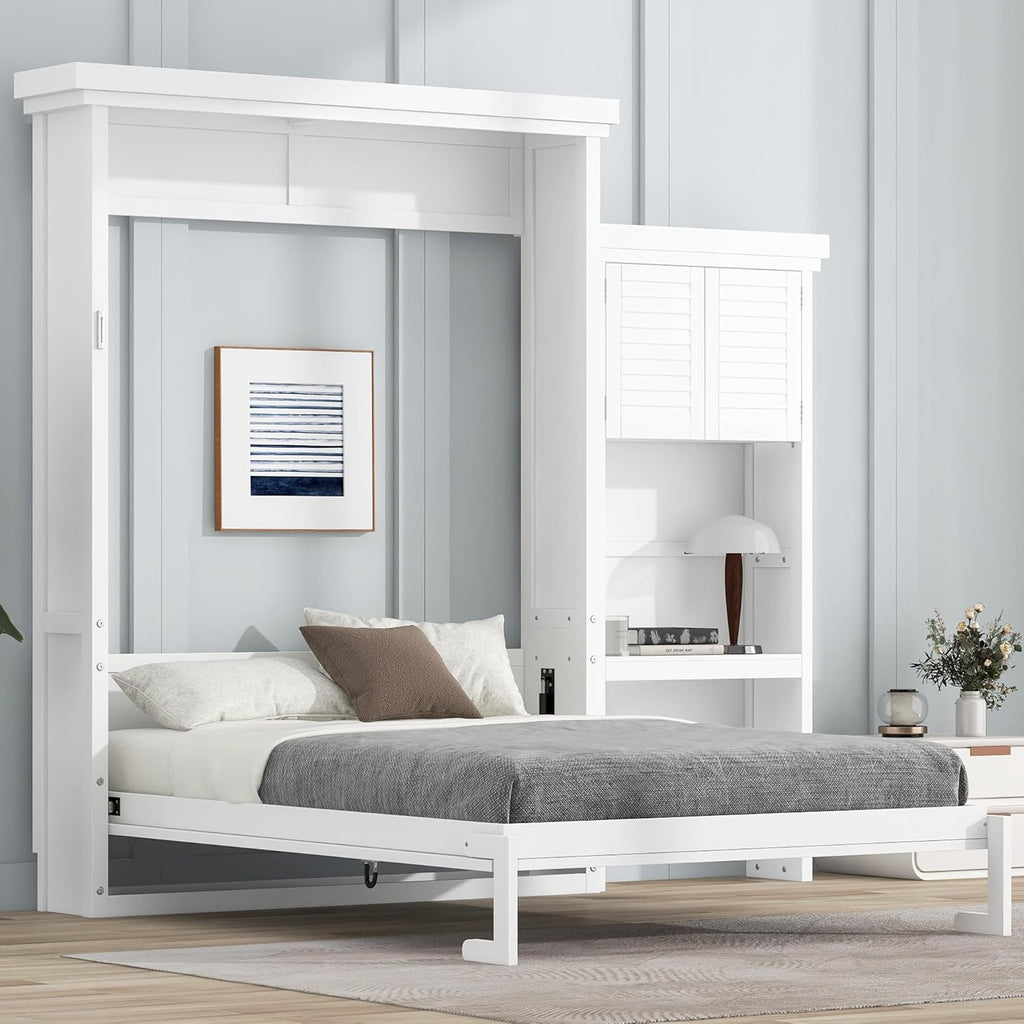 Merax Queen Size Murphy Bed with Multiple Storage Shelves,Wall Bed with Louvered Style Decoration,White
