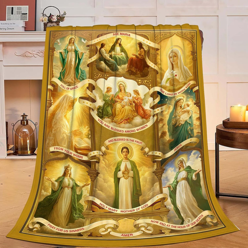 Virgin Mary Blanket Christian Faith Prayer Throw Inspirational Scripture Spiritual Catholic Religious Gifts for Women Girls Men Kids Adults Soft Cozy Plush Fluffy Fuzzy Fleece Decor 60''X80''