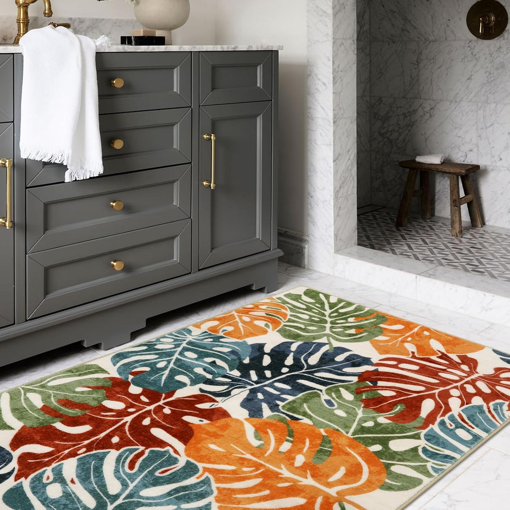 Wonnitar Monstera Colorful 3x5 Rug, Washable Tropical Leaf Entry Rug Indoor, Non-Slip Living Room Throw Carpet, Non-Shedding Low Pile Abstract Forest Floor Mat for Bedroom Kitchen Bathroom