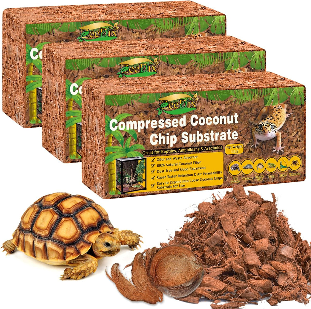 ZeeDix 3PCS Coconut Husk for Reptiles, Organic Coconut Chips Substrate Coco Husk Snake Bedding, Coco Coir Chips Reptile Substrate for Ball Python, Tortoises, Geckos, Lizards, Hermit Crab, Lizard