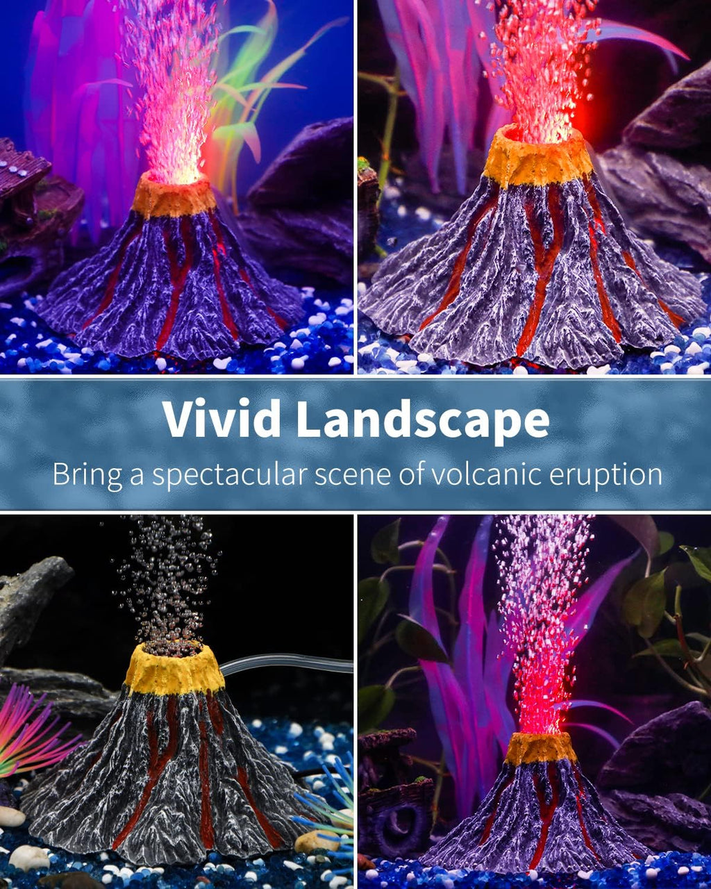 Uniclife Aquarium Volcano Ornament Kit Volcanic Eruption Decoration with Mini Air Pump Red LED Spotlight Air Stone Bubbler Airline Tubing Check Valve Fish Tank Resin Decor for Landscape and Aeration