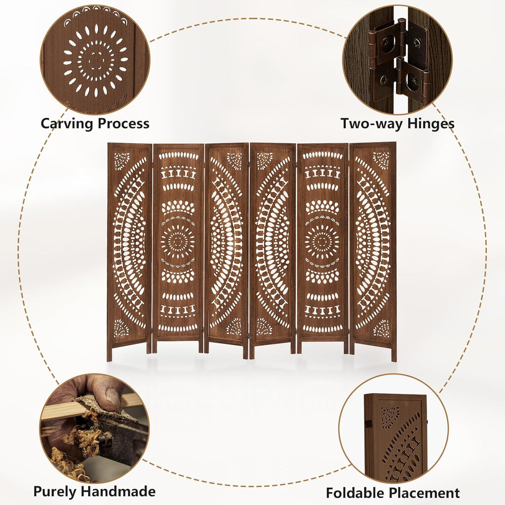 Boho 6 Panel Room Divider, Room Dividers and Folding Privacy Screens, Modern Room Partition, 67" Room Divider Wall, Privacy Dividers for Rooms, Bedroom, Office, Dark Brown