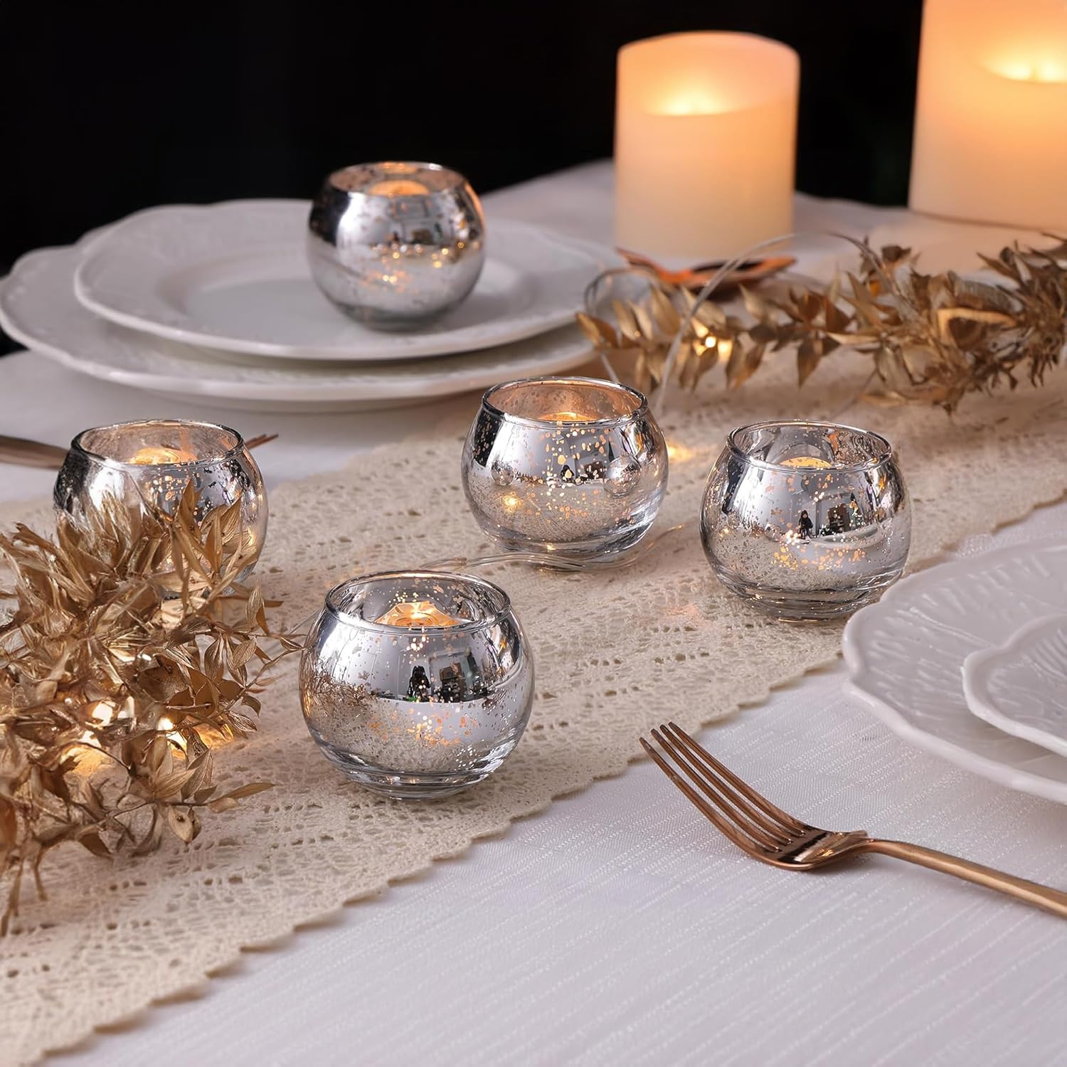 WGVI Silver Speckled Glass Tea Light Votive Candle Holder, Width 3", Height 2.5", Small Globe Bubble Bowl Round Vase, Mercury Votive Tabletop Décor, 1 Piece