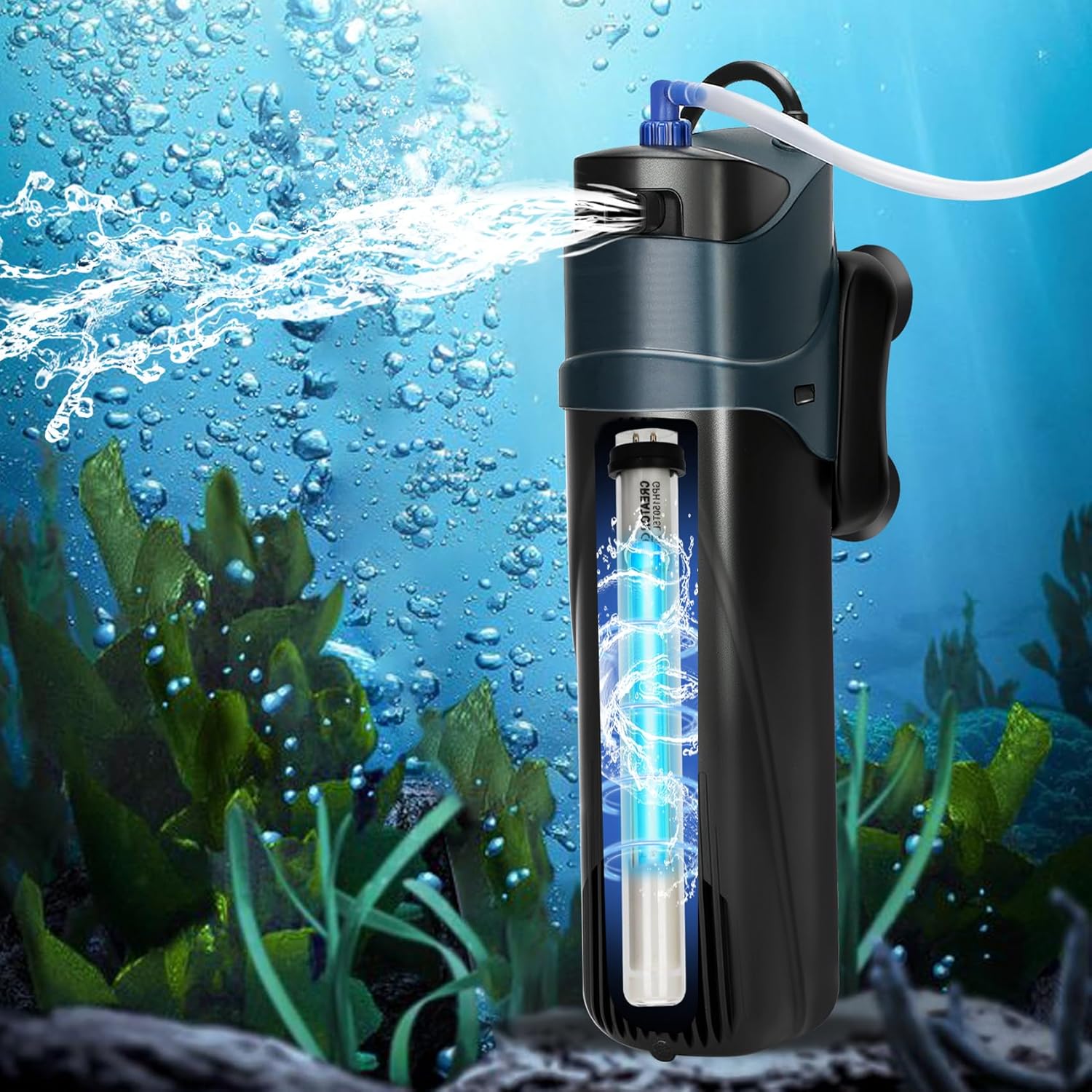 Aquarium Filter U-V for 20-75 Gallon, 200GPH Fish Filter with 5W U-V Double Light Green Water and Algae Submersible Powerful Clean Pump for Turtle Tank Freshwater Crystal Green Killing