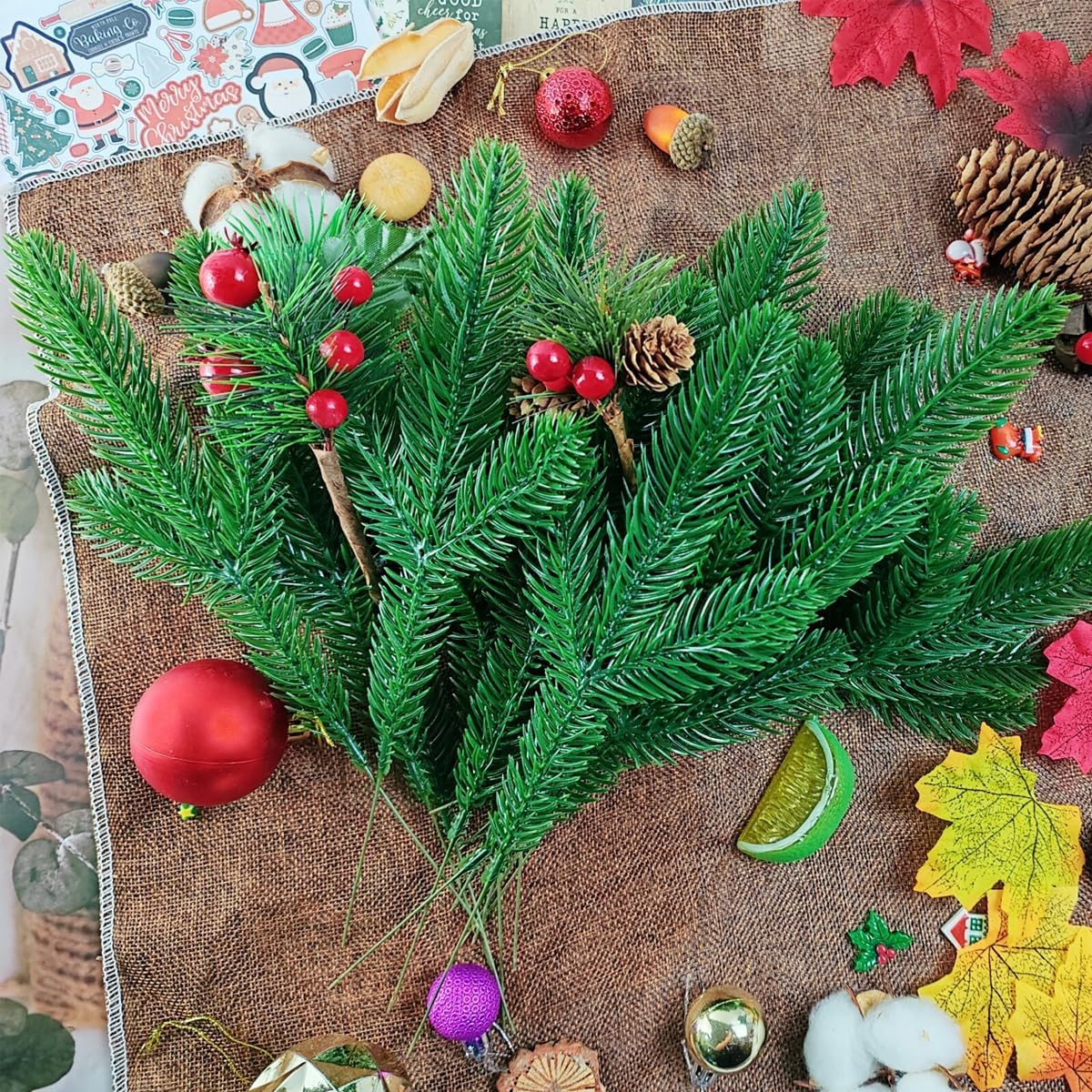 TIHOOD 25PCS 10 Inches Artificial Pine Branches Garland Green Plants Needles Fake Greenery Picks for DIY Wreath Christmas Embellishing and Home Garden Decoration