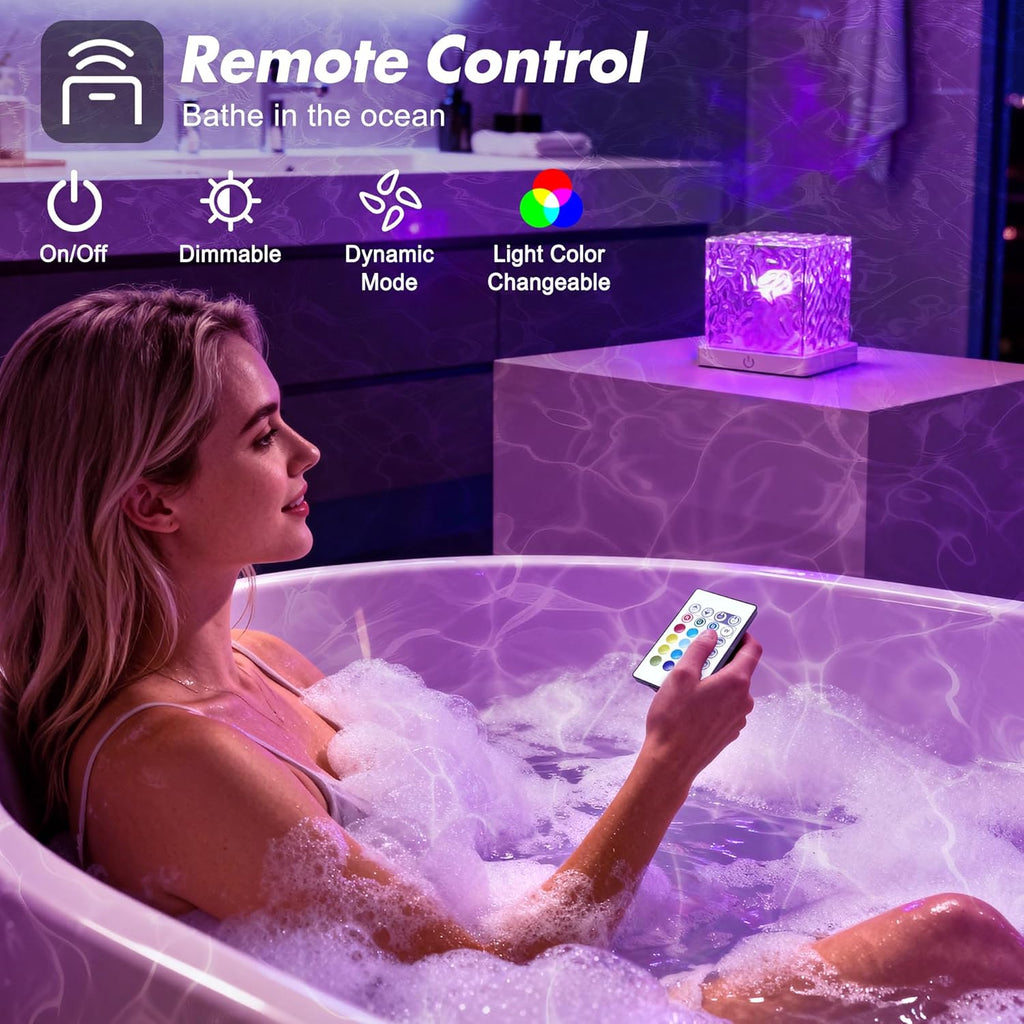 Rechargeable Shower Light No Wiring, 16 Color Changeable Ocean Wave Projector Light, Dimmable Waterproof Shower Lamp with Remote, Rotating Flame Water Ripple Lamp for Shower, Bathroom, Bedroom Decor